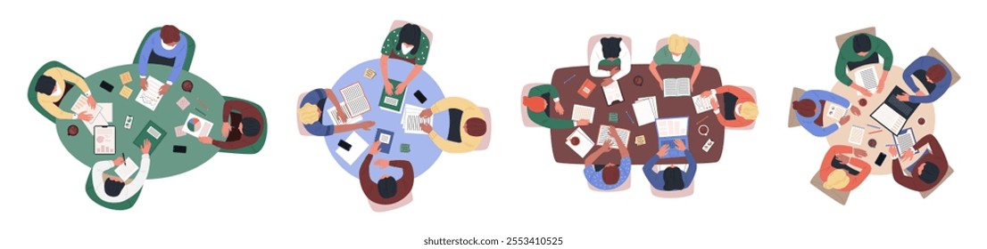 Meeting top view. Table council in office. Students collaborate, do business, teamwork. Brainstorm, discuss, negotiate together. Group brainstorming. Vector garish team cartoon isolated illustration