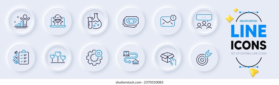 Iconos de línea del cuadro Encuentro, Seguimiento y Retención para la aplicación web. Paquete de puntos de lealtad, Ganador, íconos del pictograma de amor. Matraz de química, CogWheel, Nuevas señales de mensaje. Fraude, Target, menú Dieta. Vector