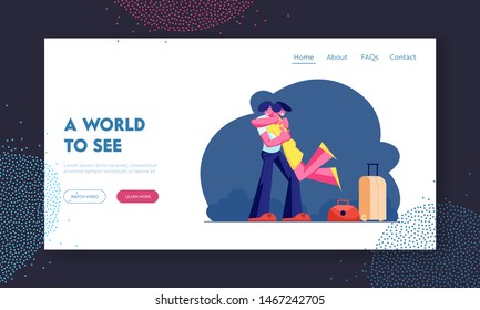 Meeting from Travel Website Landing Page, Man and Woman Hugging, Male Character Holding Girl on Hands with Luggage, Warm Meeting, Love, Friendship. Web Page. Cartoon Flat Vector Illustration, Banner