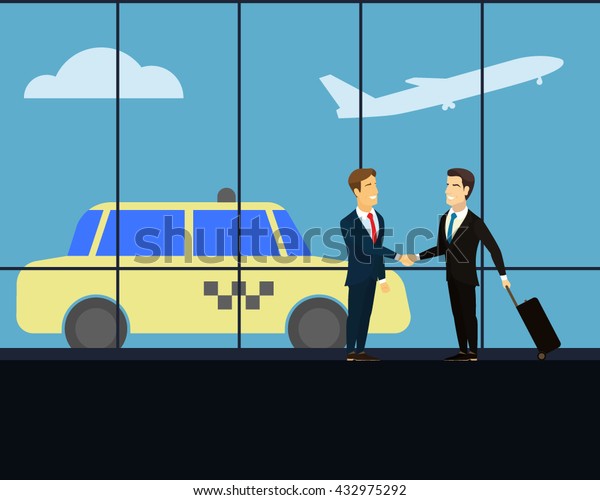 Meeting two businessmen at the airport. Man with\
luggage on wheels on a business trip. Car taxi on the background.\
Through a big transparent window it is visible the plane which\
takes off. Vector
