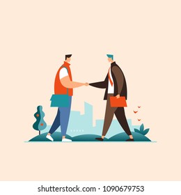 The meeting of two businessmen and business handshake. Greeting business partners and people interactions. Handshake of two men