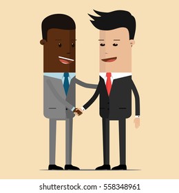 Meeting of two businessmen and business handshake. meeting of the two politicians, diplomats, partners or friends greeting with a handshake. Chinese, Japanese or Korean and Aframerican businessman