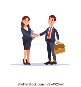 The meeting of two businessmen and businesswoman handshake. Greeting business partners and people interactions isolated