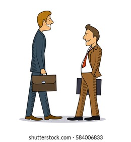 Meeting of two businessmen colourful caricature vector illustration