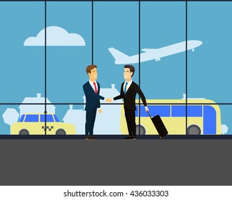Meeting two businessmen. Men shake hands. Man with a suitcase on wheels. Airport. Silhouette of air craft, which takes off. Yellow car taxi. Yellow bus at the bus station. View from the window. Vector