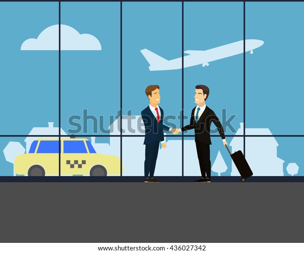 Meeting two businessmen. The two men shake hands.\
A man with a suitcase on wheels. Airport. Silhouette of aircraft,\
which takes off. Yellow car taxi. View from the window. Urban\
silhouette. Vector