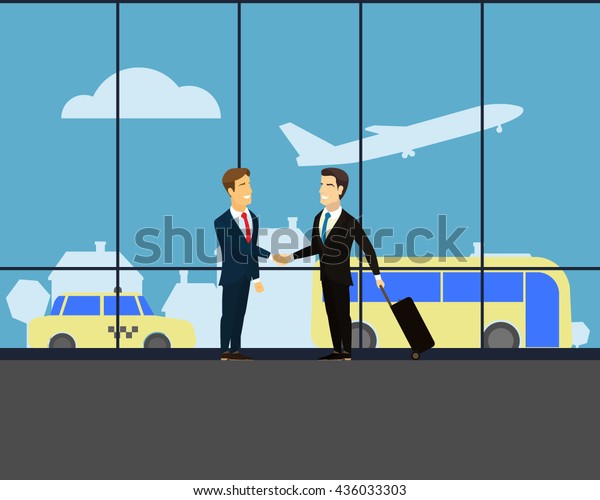 Meeting two businessmen. Men shake hands. Man with\
a suitcase on wheels. Airport. Silhouette of air craft, which takes\
off. Yellow car taxi. Yellow bus at the bus station. View from the\
window. Vector