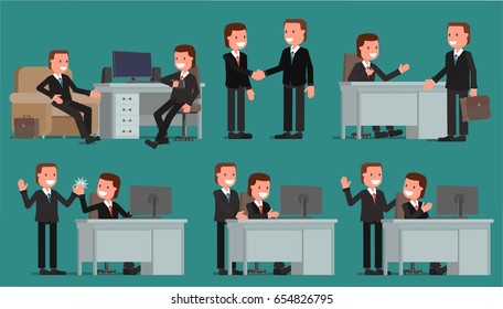 Meeting of two businessmen. Set of vector illustrations in a flat style.