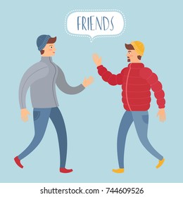  Meeting of two friends guys. Cartoon colorful illustration about unity and friendship for your design.