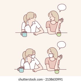 Meeting of two friends woman talking in cafe. communication and friendship. Hand drawn style vector design illustrations.