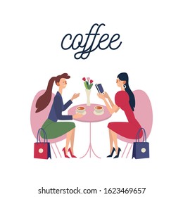 The meeting of two girlfriends in a cafe. Flat cartoon vector illustration on white background.   