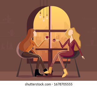 meeting of two girlfriends in a cafe with wine and coffee
