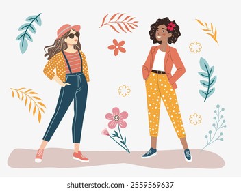 Meeting of two girlfriends on one side a European girl on the other side an African American. Both girls are fashionably dressed and  having fun together