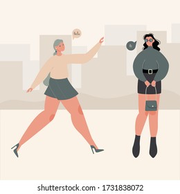 The meeting of two girls in fashionable look. Shorts, sweater, shoes, sunglasses, bag, skirt, low shoes. Background with a big city. Vector flat illustration with dialog bubbles