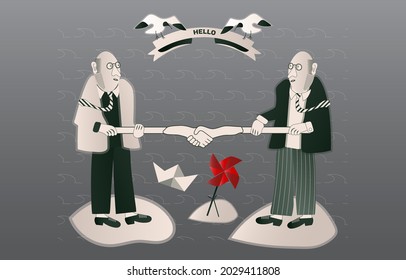 Meeting of two men: a handshake from a distance