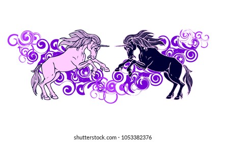The meeting of two unicorns among the purple clouds and stars , vector illustration