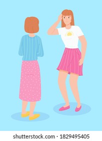 Meeting of two women. Female character complains of a headache, shows a hand on a sore head flat vector. Medical consultation between doctor and her patient or daughter complains about pain to her mom