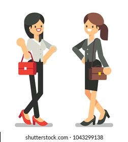 The meeting of two young business woman. Vector character design flat style.