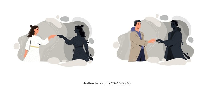 Meeting with unconscious part of self concept. Man and woman touch shadow of their personality. Unfamiliar dark side of psychology. Cartoon flat vector collection isolated on white background