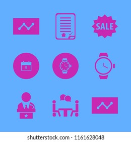 meeting vector icons set. with talking people, public speaker, house buying contract and sale in set