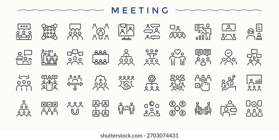 Conjunto de iconos de línea de Vector de reunión. Conjunto de iconos de conferencia. Conjunto de iconos de línea delgada. Incluye símbolos para equipo, lluvia de ideas, comunicación, trabajo en equipo, negocios y más. Arte vectorial de trazo editable.