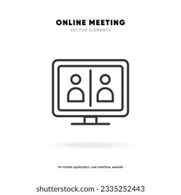 Meeting video conference icon. People on computer tablet screen. Home office in quarantine times. Digital communication. Internet teaching media vector.