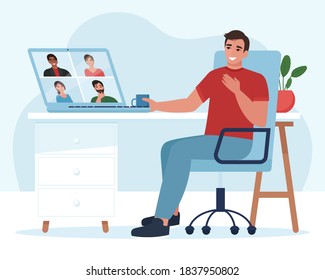 Meeting or Video conference with people group. Laptop screen. Man in video conference with colleagues. Home work concept. Friends talking on video. Vector illustration in flat style