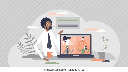 Meeting videocall as distant online communication talk tiny person concept. Speech appointment gathering for company formal topic conversation vector illustration. Colleagues work discussion scene.