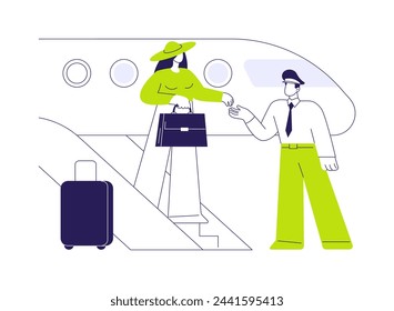 Meeting VIP passenger abstract concept vector illustration. Private jet worker meets VIP guest, business class travel, company executive, passenger exits the plane, luxury trip abstract metaphor.