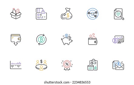 Meeting, Wallet money and Bitcoin chart line icons for website, printing. Collection of Column diagram, Accounting report, Card icons. Analytics chart, Refresh bitcoin, Targeting web elements. Vector