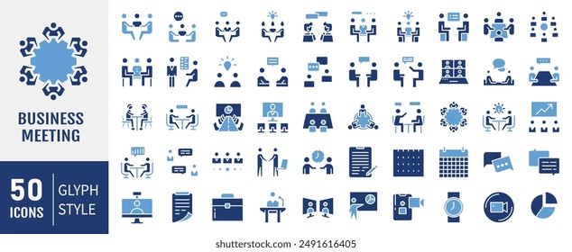 Meeting web icon set glyph style. Conference, team, brainstorm, seminar, interview, collection. Vector illustration.