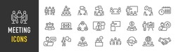 Meeting Web Icon Set In Line Style. Conference, Team, Brainstorm, Seminar, Interview, Collection. Vector Illustration.