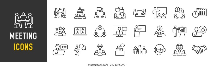 Meeting web icon set in line style. Conference, team, brainstorm, seminar, interview, collection. Vector illustration. - Shutterstock ID 2271375997