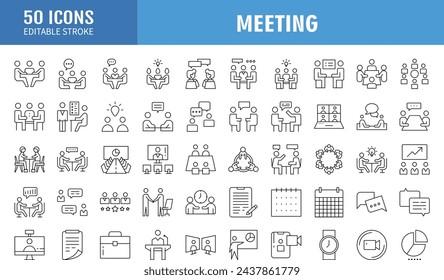 Meeting web icon set in line style. Conference, team, brainstorm, seminar, interview, collection. Vector illustration.