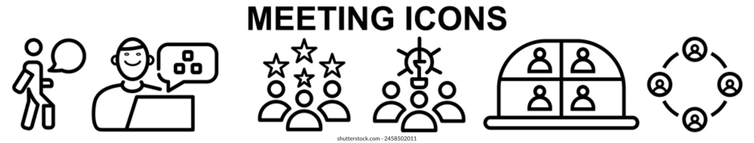 Meeting web icon set in line style. Conference, team, brainstorm, seminar, interview, collection. Vector illustration.