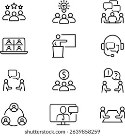 Meeting web icon set in line style. Conference, team, brainstorm, seminar, interview, collection