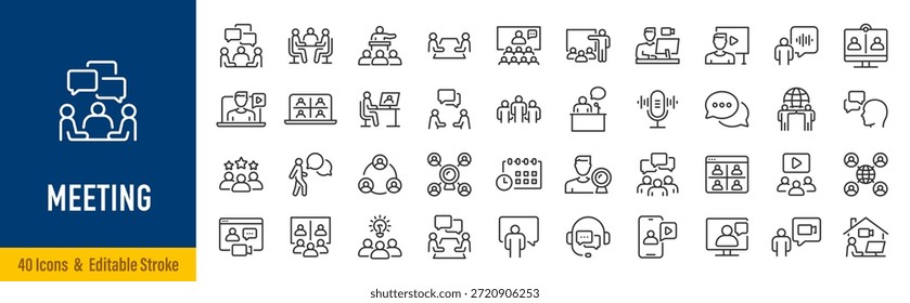 Conjunto de iconos de Web de reunión en estilo de línea. Conferencia, equipo, lluvia de ideas, seminario, entrevista, colección. Trazo editable. Ilustración vectorial.