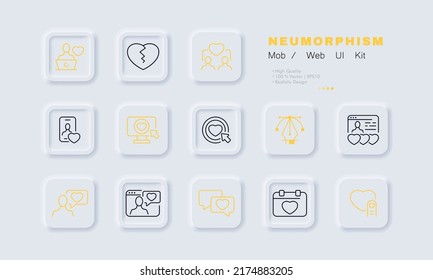 Meeting website set icon. Correspondence, love, care, click, sympathy, anniversary, relationship, summary, heart, romance. Acquaintance concept. Neon glow style. Vector line icon for Business