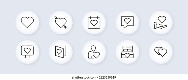 Icono de conjunto de sitios web de la reunión. Como, corazón, simpatía, relación, boda, aniversario, cuidado, pareja, visión de amor concepto de San Valentín. Icono de línea de vector para negocios y publicidad