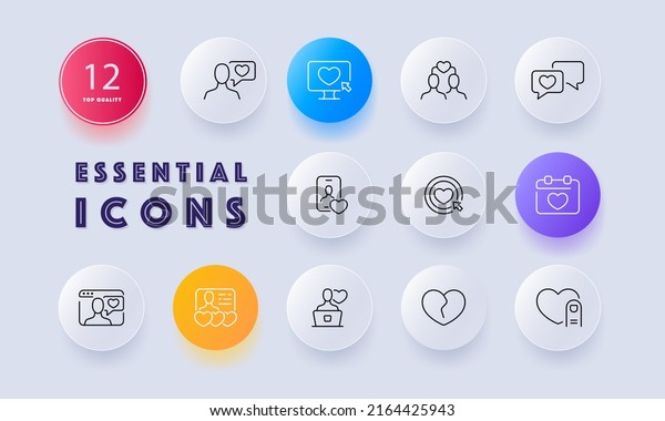 Meeting website set icon. Like, heart,\
sympathy, relationship, wedding, anniversary, care, couple, love\
view Valentines day concept. Neomorphism style. Vector line icon\
for Business and\
Advertising