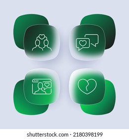 Meeting website set icon. Love, heart, kiss, correspondence, romance, date, portfolio, broken heart. Acquaintance concept. Glassmorphism style. Vector line icon for Business and Advertising