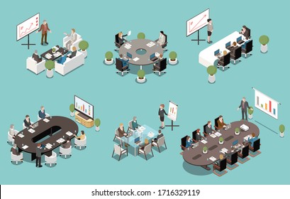 Meeting White Board And Lcd Screen Presentations Isometric Set With Oval Rectangle Round Boardroom Tables Vector Illustration  