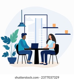 Meeting at work, business job interview, cooperation, flat modern illustration. People working, equality and diversity at work