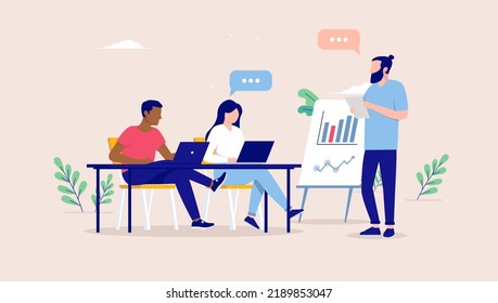 Meeting at work - Team of diverse people in casual clothes having business meeting and discussing. Flat design vector illustration