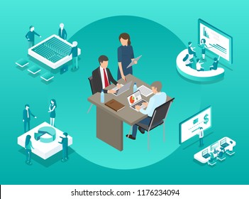 Meeting of worker and boss, secretary with documents and employee, showing diagrams on laptop. Seminars and conferences, presentations set vector
