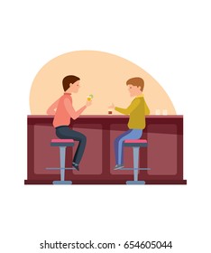 Meeting of young fun and smiling men, happy friends eating in bar, sitting, talking, and drinking cocktail. Vector illustration isolated on white background in cartoon style.