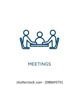 icono de reuniones. Icono de esquema de reuniones lineales delgadas aislado en fondo blanco. Signo de reuniones de vectores de línea, símbolo para web y móvil