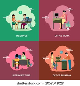 Meetings ofice work interview time printing at office flat concept vector collection design