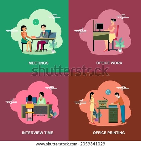 Meetings ofice work interview time printing at office flat concept vector collection design