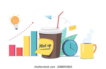 Meetup, Coffee Break for Company Employees Concept with Disposable Coffee Cup, Clock, Tea Mug and Light Bulb with Column Chart and Paper Airplanes. Office Relax Time. Cartoon Vector Illustration